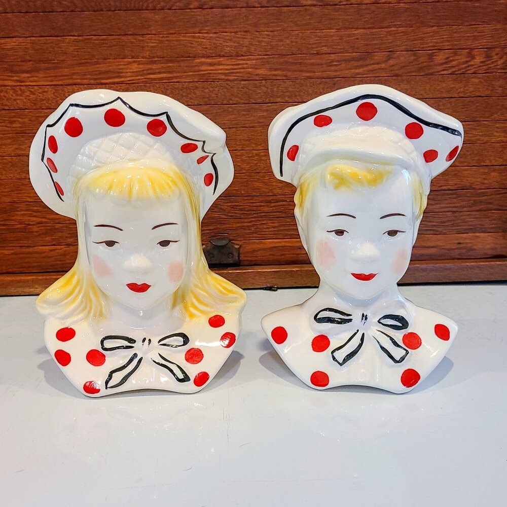 Vintage Dutch Boy and Girl Wall Pocket Head Vases